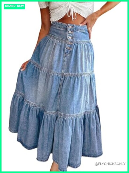 Dresses & Skirts - High Waist Denim Maxi Skirt Button Boho Flowy Pleated Tiered Ruffle Swing